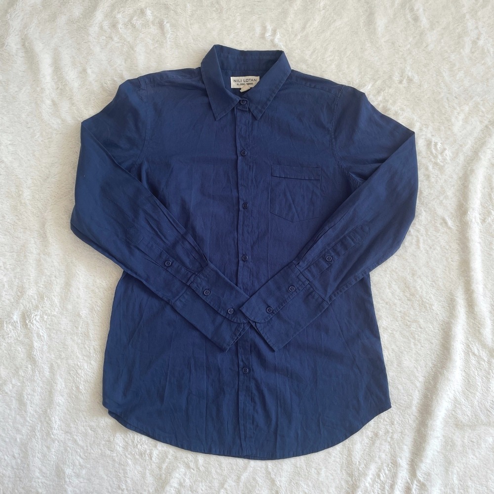 Nili Lotan NL Shirt 100% Cotton Button-Up Long Sleeve Semi Sheer Blue Size Small